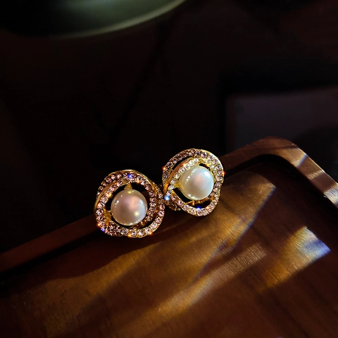 Pendientes De Aleación Con Perla Artificial Y Diamantes Doble Círculo Con Pasador De Plata Elegante Geométrico Estilo Coreano