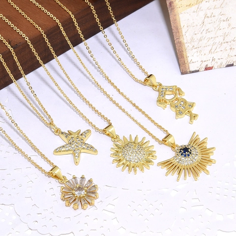Collana Pendente Stella Marina Sole Fiore Rame Zircone Placcato Oro 18K Micro Pave Gioielli Di Moda Per Donne Ragazze