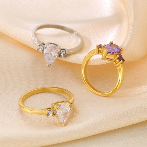 Edelstahl Tropfenform Strass Ring Für Damen Birnenschliff Lila Weiß Stein Eingelegt Geometrischer Modeschmuck Ring Geschenk