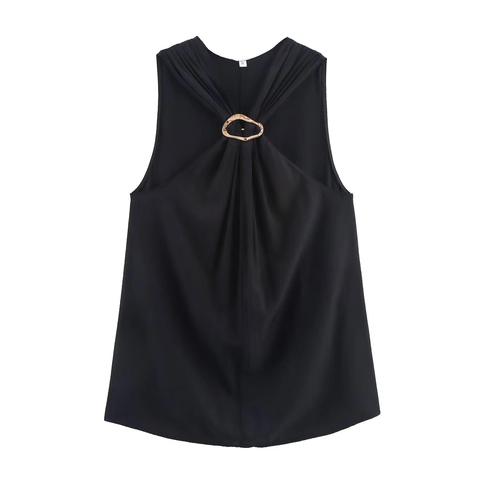 Women Halter Tank Top Sleeveless Shirt With Gold Metal Ring Buckle Pleated Minimalist Slim Fit Solid Black Elegant