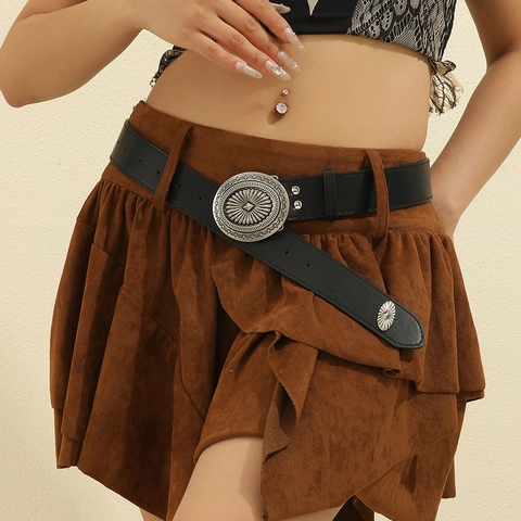 Ceinture Vintage Cuir PU Femmes Grande Boucle Ovale Alliage Motif Soleil Style Cowboy Occidental Bohème Décorative