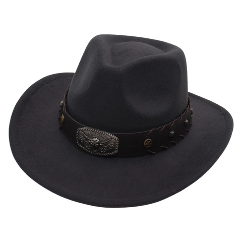 Western Cowboy Hat Retro Felt Wide Curved Brim With Leather Band And Bull Head Metal Buckle Ethnic Style