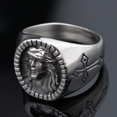 Anello Di Rilievo Ritratto Di Gesù Religioso Acciaio Inossidabile Croce Retro Punk Per Uomini Donne
