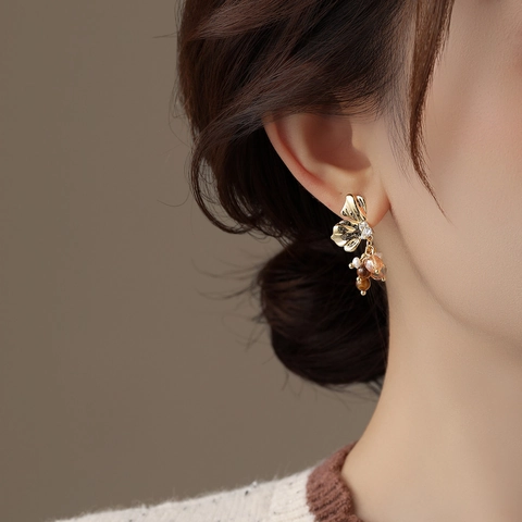 Orecchini Pendenti Retro Francesi A Petalo Di Fiore Con Perno In Argento Rame Zircone Perle Stile Occhio Di Tigre
