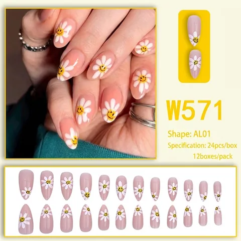 Amandelvormige Kunstnagels Met Madeliefje En Smiley Ontwerp Glanzend Nude Roze Voor Dames Zoete Stijl