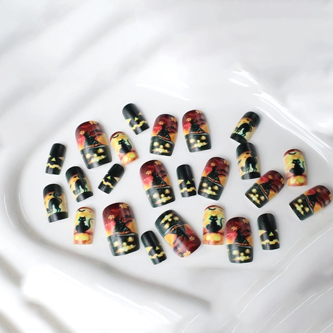 Halloween Press On Nails Short Square Fake Nails With Pumpkin Black Cat Bat Design Resin For Women DIY Manicure