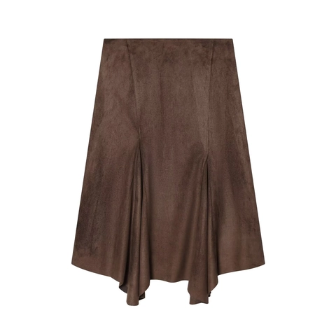 Women Faux Suede Midi Skirt High Waist Asymmetric Hem Solid Dark Brown Solid Streetwear Retro Fall Winter Clothing