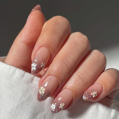 Unghie Finte Pressione Sfumatura Rosa Glitter Stile Francese Con Decorazione Fiori Bianchi Per Donne