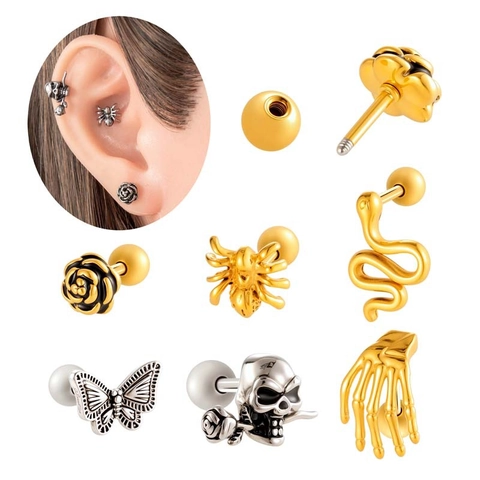 Gothic Skull Snake Rose Stud Earrings Stainless Steel Copper Cartilage Piercing Jewelry Vintage Punk For Men Women