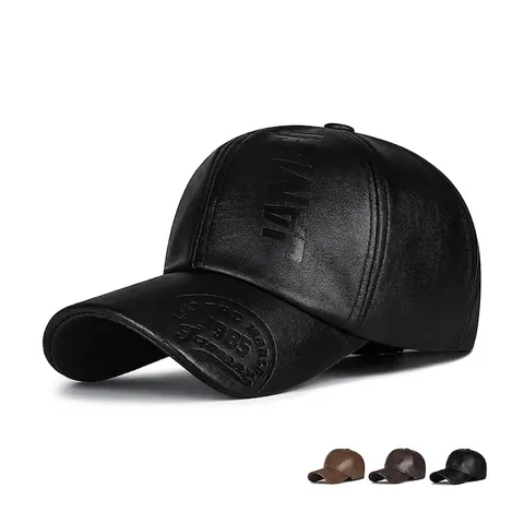 Vintage PU Leather Baseball Cap Men Adjustable Embossed Letter Retro Casual Outdoor Curved Brim Hat
