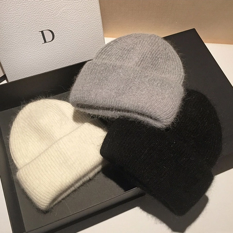 Damen Kaninchenfell Strickmütze Beanie Flauschig Weich Gerippt Winter Warm Einfarbig Umschlagmütze