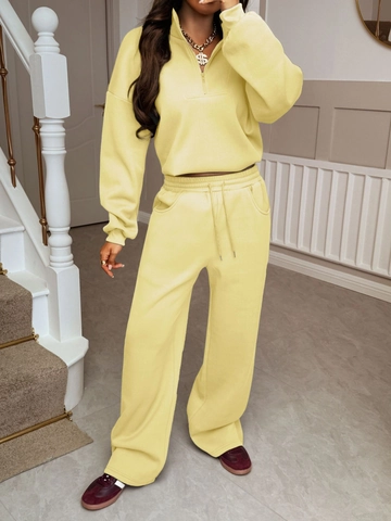 Women Casual Pullover Sweatshirt And Wide Leg Pants Half Zip Standing Collar Long Sleeve Drawstring Waist Sporty Polyester