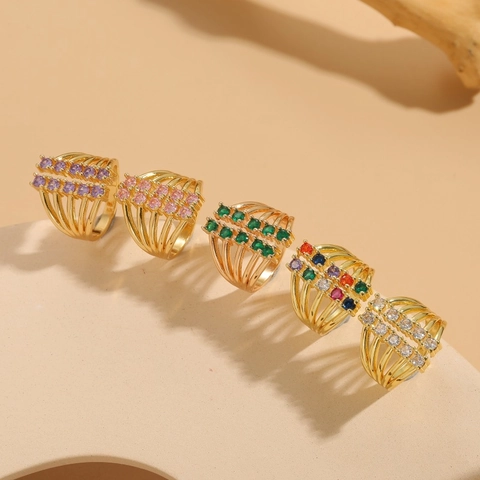 Multi-Layer Hohlring 14K Vergoldetes Kupfer Bunter Zirkon Doppelreihig Parallel Minimalistischer Luxusschmuck Damen