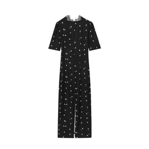 Women Sexy V-Neck Floral Maxi Dress With Lace Edge Polyester Puff Short Sleeve High Waist Slimming European Style Party