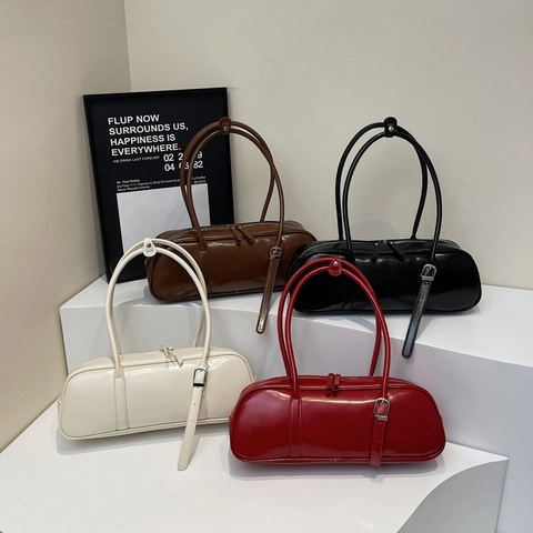 Women Baguette Shoulder Bag Glossy PU Leather Retro Cylinder Underarm Handbag With Adjustable Straps Zipper