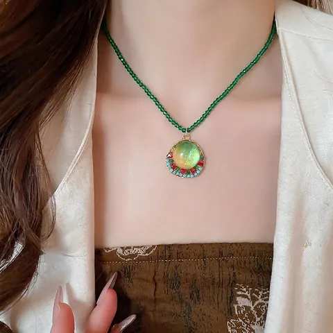 Collana Di Perle Verdi Retrò Con Pendente Rotondo In Vetro Strass Colorati Gioielli In Stile Palazzo Bohemien Per Donne