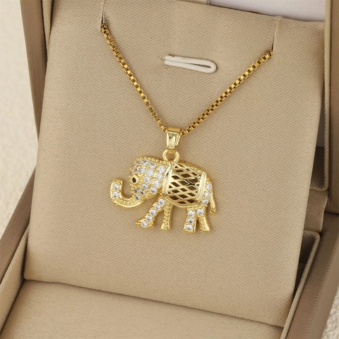 Collar con Colgante de Elefante de Acero Inoxidable para Mujer Chapado en Oro Animal Hueco con Diamantes de Imitación Cadena de Caja Joyería Hip Hop