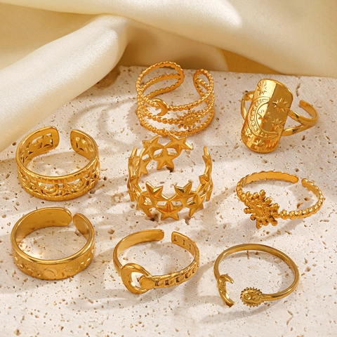 Edelstahl Vergoldet Stern Mond Sonne Himmlische Verstellbare Offene Ringe Für Frauen Vintage Böhmischer Schicker Schmuck