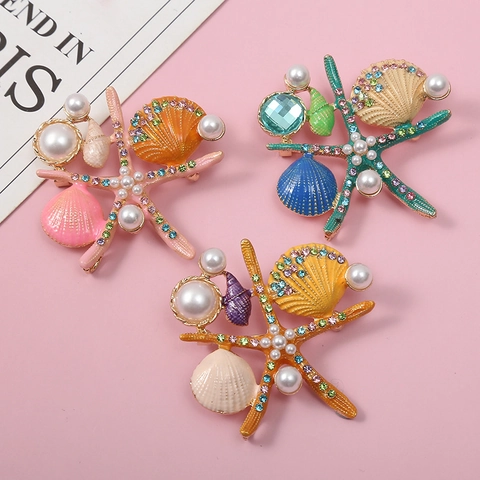 Spilla Stella Marina E Conchiglia Tema Oceano Lega Smalto Strass Colorati Perla Artificial Gioielli Di Moda Per Donna