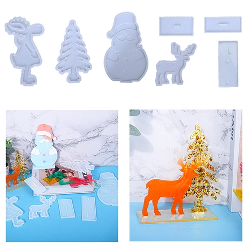 Christmas Silicone Molds For DIY Resin Epoxy Casting Reindeer Santa Snowman Tree Desktop Ornaments With Stand Base