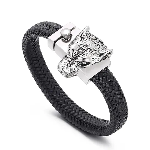 Pulsera De Cuero Trenzado Con Cabeza De Lobo Hebilla De Acero Inoxidable Joyería De Estilo Biker Punk Vikingo Para Hombre