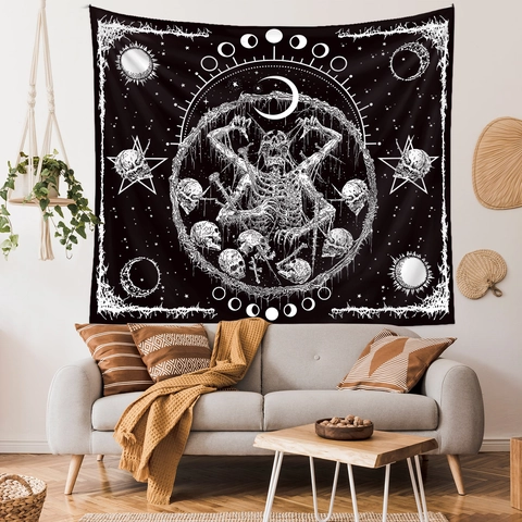 Tapiz Gótico De Calavera Blanco Y Negro Oculto Fase Lunar Poliéster Decoración De Pared Estética Para Dormitorio