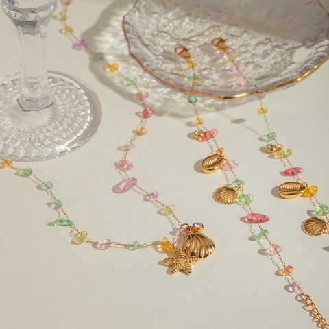 Collar Colgante Estrella De Mar Concha Chapado En Oro 18K Acero Inoxidable Piedras Coloridas Joyería Playa Verano Mujer