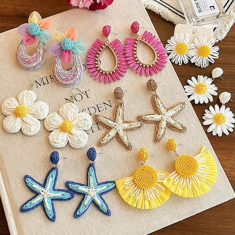 Pendientes De Flores Tejidas Coloridas De Rafia Estilo Vacaciones Playa Joyería Bohemia Hecha A Mano Para Mujer