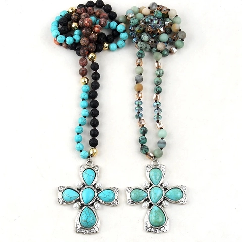 Bohemian Vintage Natural Stone Cross Pendant Necklace For Women Alloy Beaded Sweater Chain With Artificial Pearl