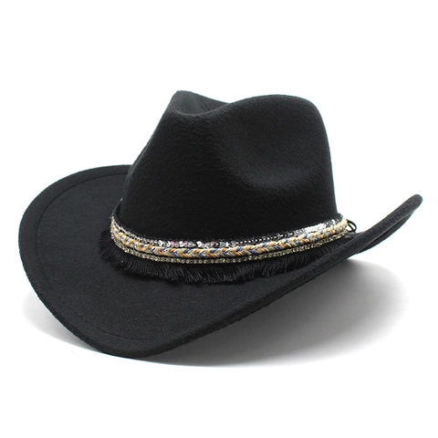 Western Cowboy Hat Wool Felt Wide Brim Ethnic Style Fedora With Sequin Tassel Decorative Band Adjustable Windproof Rope