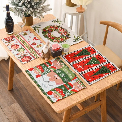 Christmas Placemats Knitted Fabric Table Mats Santa Claus Reindeer Tree Garland Patterns Holiday Dining Decor Rectangular
