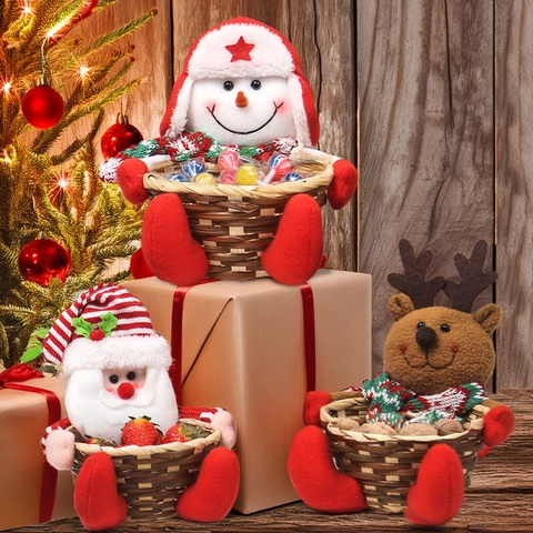 Christmas Santa Claus Snowman Reindeer Cartoon Candy Basket Woven Bamboo Storage Gift Basket For Holiday Home Desktop Decoration