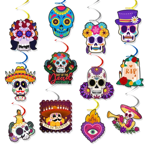 Day Of The Dead Party Decorations Mexican Dia De Muertos Hanging Swirls Colorful Skull Floral Pattern Spiral Streamers Festive Home Ceiling Layout Ornaments