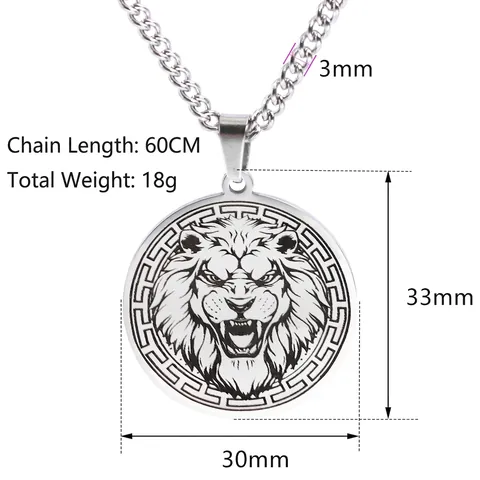 Men Stainless Steel Lion Tiger Wolf Bear Head Pendant Necklace Round Medal Greek Key Pattern Punk Gothic Jewelry Accessory