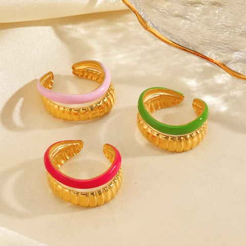 Adjustable Open Ring Stainless Steel Enamel Drip Oil Double Layer Textured Minimalist Geometric Jewelry For Women