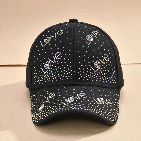Fashion Women Baseball Cap Rhinestone LOVE Letter Sparkly Polyester Outdoor Sun Protection Adjustable Hat