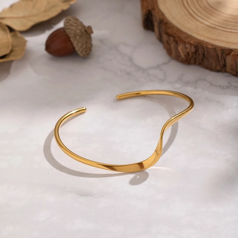 Wellenförmiger Armreif Offen 18K Vergoldet Edelstahl Wasserfest Hypoallergen Minimalistisch Geometrisch Schmuck Damen