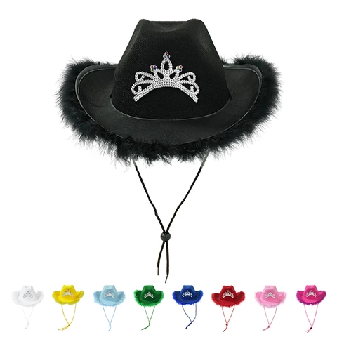 Chapeau De Cowboy Occidental Avec Bordure En Plumes Et Couronne De Strass Accessoire De Fête Réglable