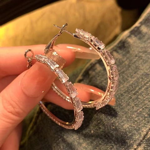 Baguette Cut Cubic Zirconia Hoop Earrings Silver Color Metal With 925 Sterling Silver Earring Post Women Elegant Jewelry