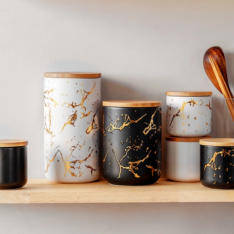 Ceramic Storage Jar Porcelain Canister With Bamboo Lid Silicone Seal Marble Grain Gold Nordic Style For Coffee Tea Sugar