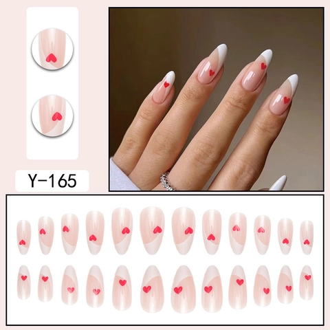 Uñas Postizas Press On French Tip Almendra Larga Borde Blanco Con Corazón Rojo Estilo Dulce Manicura DIY