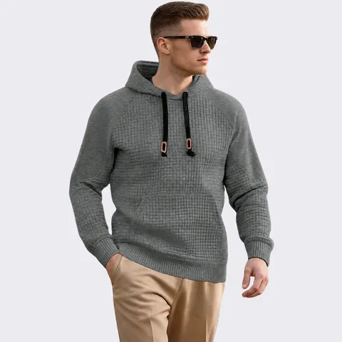 Sudadera Con Capucha Para Hombre Tejido Waffle Pullover Cordón Manga Larga Bolsillo Canguro Sudadera Informal Moda Urbana