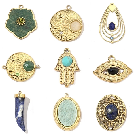 Naturstein Anhänger Edelstahl Böser Blick Horn Hamsa Hand Poliert Böhmischer DIY Schmuck Charm