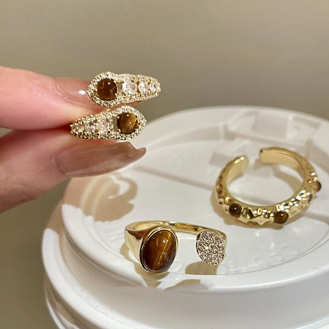 Retro Tiger Eye Stone Zircon Open Ring 18K Gold Plated Adjustable Finger Jewelry Versatile Light Luxury For Women