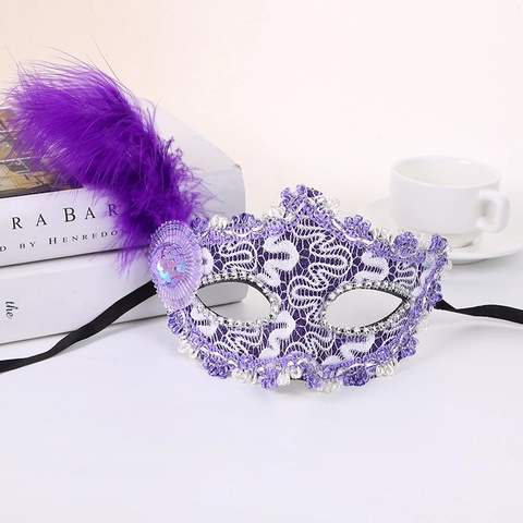 Máscara De Mascarada De Encaje Veneciano Con Pluma Lateral Y Lentejuelas Princesa Fiesta Carnaval Halloween Accesorio