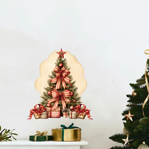 Weihnachtsbaum Wandaufkleber PVC Abnehmbares Dekal Mit Roten Schleifen Und Geschenkboxen Für Festliche Haus Fensterdeko