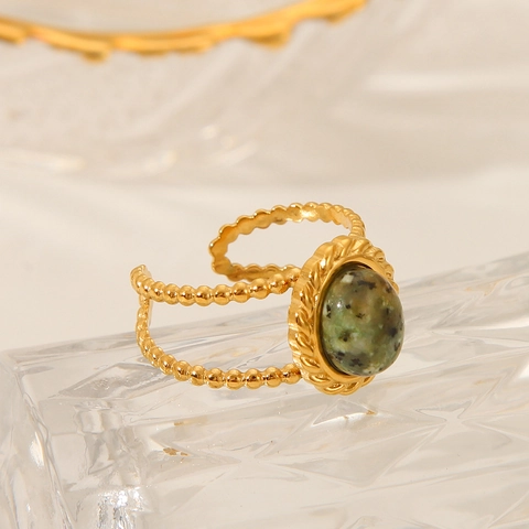 Vintage Offener Ring Naturstein Edelstahl Vergoldet Verstellbar Doppellagiges Perlenband Ovaler Grüner Stein Schmuck