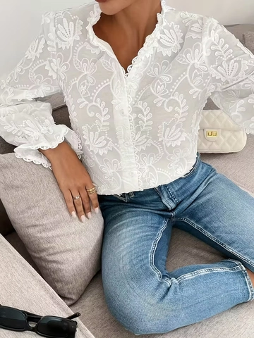 Elegante Dames Witte Kant Borduurwerk Blouse Lange Mouw Ruches Opstaande Kraag Polyester Top Shirt Voor Kantoor