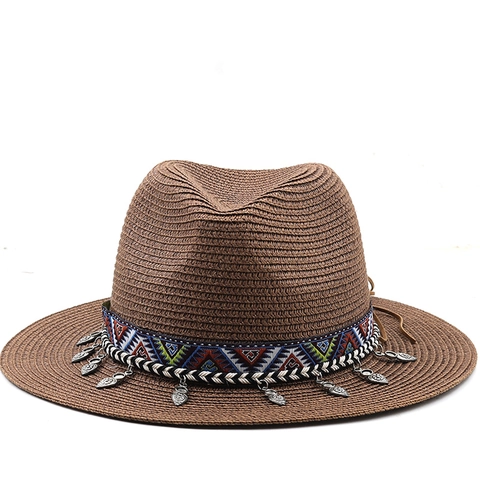 Cappello Paglia Fedora Donna Carta Protezione Solare Vacanze Mare Nastro Etnico Ciondoli Metallo Stile Boho