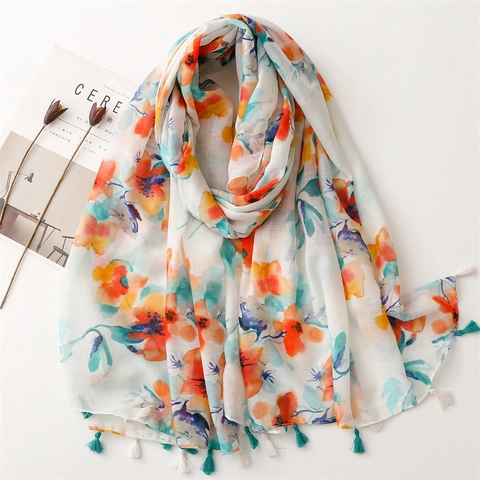 Écharpe Châle Imprimé Floral Peinture À L'huile Polyester Voile Léger Pompon Grand Protection Solaire Plage Femmes